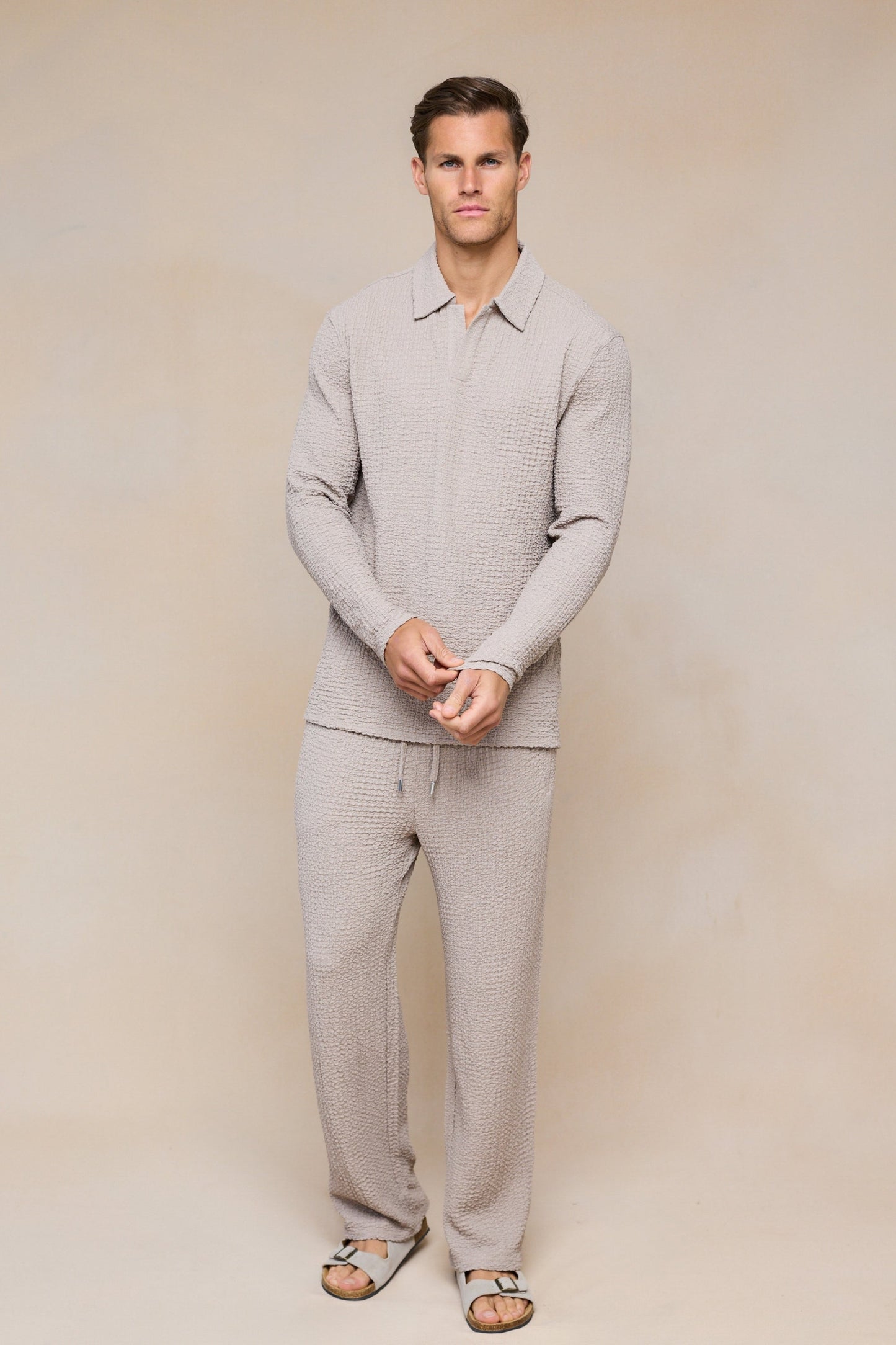 Artie Ruched Textured Long Sleeve Polo Shirt - Mushroom