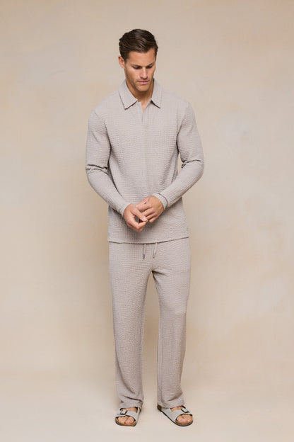 Artie Ruched Textured Long Sleeve Polo Shirt - Mushroom
